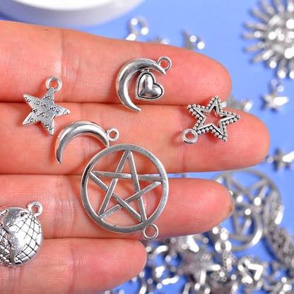 stino 100 Gram Metal Charms for Jewelry Making, Silver & Gold Plated, Bulk Pack for Bracelets, Necklaces, Crafts - color: Celestial Silver