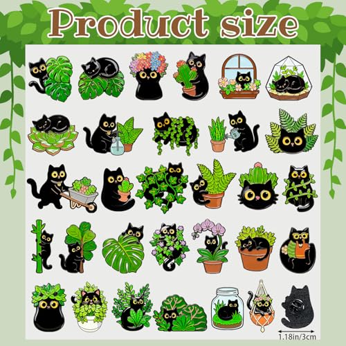 30/60 Pcs Cute Enamel Pins Bulk Plant Flower Animal Halloween Gothic Fall Pumpkin Cartoon Lapel Pin Brooches Jewelry Gift for Backpack Clothes Hats Accessories - style: Black Cat