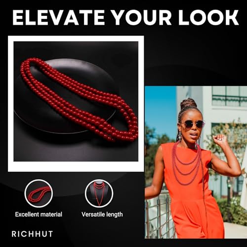 Women's Long Pearl Necklace - Natural Cultured Pearls - Luxurious 8mm Strand Pearls - 1920s Timeless Elegance - Great for Wives, Girlfriends, Sisters, and Besties - Length 60In/71In - color: Crimson Fire, size: 60In