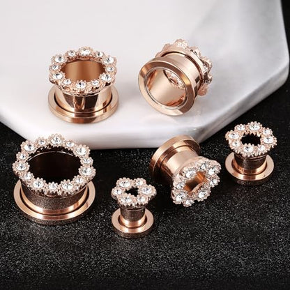 Tunnels Gauges, 2PCS Stainless Steel Tunnel Set Hollow Flower with Round Cubic Zirconia Screw Back Ear Gauges Plugs Tunnels 2G - 5/8 inch Ear Piercing Jewelry - color: Rose Gold, size: 0G(8mm)