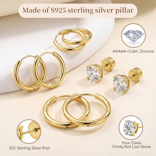 Hypoallergenic Surgical Steel Earrings, 20G Sparkling Cubic Zirconia (CZ) Flat Back Studs & Hoops, Earrings for Sensitive Ears, Cartilage & Helix Piercing Jewelry - color: golden