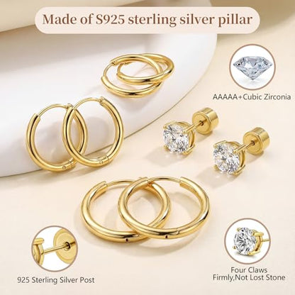 Hypoallergenic Surgical Steel Earrings, 20G Sparkling Cubic Zirconia (CZ) Flat Back Studs & Hoops, Earrings for Sensitive Ears, Cartilage & Helix Piercing Jewelry - color: golden