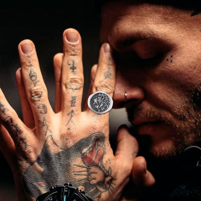 Mens Signet Ring Stainless Steel Lion Eagle Head Statement Rings Jewelry for Men Size 8/9/10/11/12/13 - style: Lion