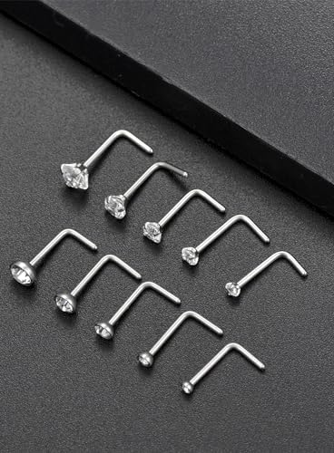 20G 10Pcs Stainless Steel L Screw Bone Shaped Nose Studs Rings Square Round CZ Nose Ring Labret Nose Piercing Jewelry for Men Women Silver Tone 1.5mm-2mm-2.5mm-3mm-3.5mm CZ - style: A1:10Pcs,L Shaped(G23 Titanium)