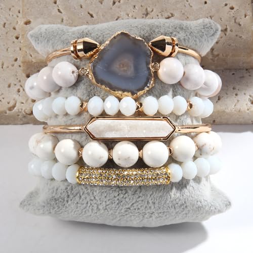 Yomisa 5PCS 6PCS Natural Boho Beaded Bracelets/Bangle for Women Men,Healing Turquoise Jasper Agate Crystal Gemstone Stone Chakra Multilayer Wrap Bohemian Handmade Jewelry Beads Stretch Bracelet Set - color: 1-6PCS-White