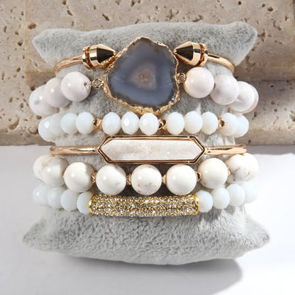 Yomisa 5PCS 6PCS Natural Boho Beaded Bracelets/Bangle for Women Men,Healing Turquoise Jasper Agate Crystal Gemstone Stone Chakra Multilayer Wrap Bohemian Handmade Jewelry Beads Stretch Bracelet Set - color: 1-6PCS-White