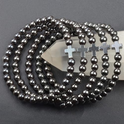 MASSIVE BEADS Handmade Yoga Stretch Elastic Bracelet Natural Stone Crystal Healing Power Energy Gifts for Unisex Adult 4mm 6mm 8mm 10mm - color: BELIEF FAITH(Hematite and Cross B), size: 6mm