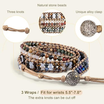 JR.DM Boho Beaded Bracelets for Women - Handmade Adjustable Crystal Natural Stone Bead Wrap Bracelets, Bohemian Jewelry Braided for Unique Birthday Gifts - color: A1 Brown Stone Beaded