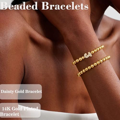 Initial Stack Bracelet Set for Women Trendy 14K Gold Plated Beaded Stackable Stacking Stretch Name Bracelets Dainty Friendship Waterproof Charm Cute Birthday Jewelry Gifts for Women - color: Initial J