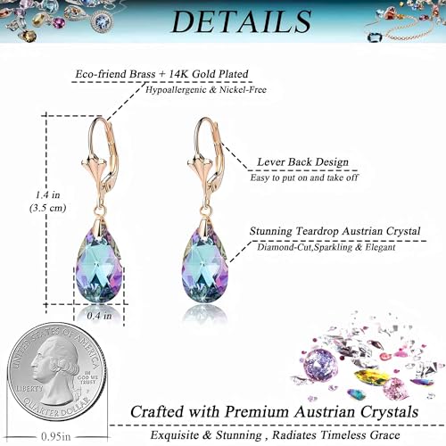 Austrian Crystal Teardrop Leverback Dangle Earrings for Women Fashion 14K Gold Plated Hypoallergenic Jewelry - color: Vitrail Light