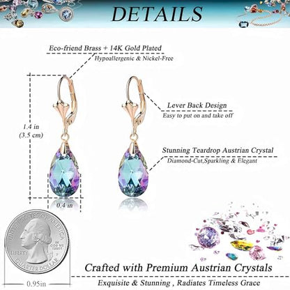 Austrian Crystal Teardrop Leverback Dangle Earrings for Women Fashion 14K Gold Plated Hypoallergenic Jewelry - color: Vitrail Light