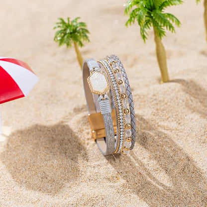 FANCY SHINY Crystal Beaded Leather Wrap Bracelet Stackable Boho Jewelry for Women Resin Stone Bangle Cuff with Magnetic Clasp - color: Silver
