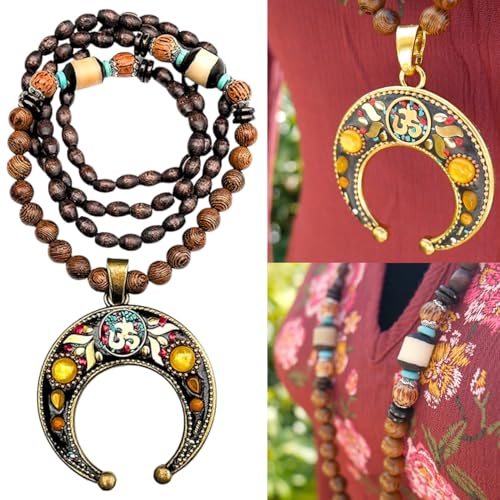 Bohemian Beaded Necklace for Women Long Boho Pendant Wood Mala Beads Wooden Strand Tassel Stone Bohemian Necklaces for Women Jewelry - style: Ethnic Mantra Set