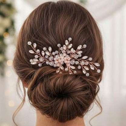 Rhinestone Hair Comb Wedding Hair Accessory for Women | Silver Bride Hair Clip Crystal Bridal Hair Piece Accessories - color: C-rose gold