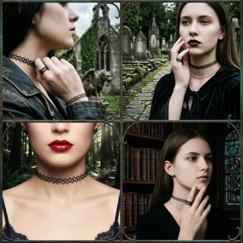 Sibba 9Pcs Tattoo Choker Necklace, Bracelet & Ring Set, 90s Gothic Choker Black Stretch Grunge Necklace for Women Aesthetic Jewelry Clothes Accessories