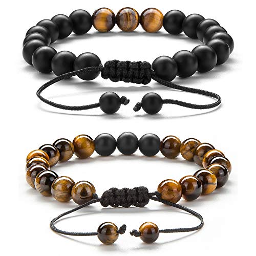 Men Women 8mm Tiger Eye Stone Beads Bracelet - color: 2 Pcs Set 1-21018