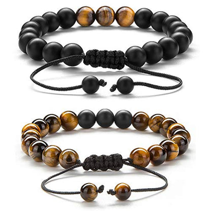 Men Women 8mm Tiger Eye Stone Beads Bracelet - color: 2 Pcs Set 1-21018