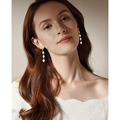 Long Pearl Earrings for Women 14K Gold Plated Sterling Silver Baroque Pearl Dangle Drop Earrings With Elegant Hook