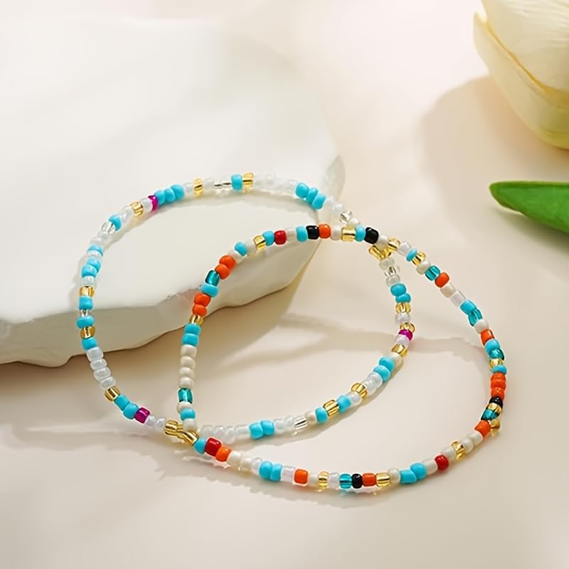 Boho Beads Anklets Set of 2pcs, Waterproof Beach Adjustable Stretch Imitation Turquoise White Pearls Bracelets for Women, Handmade Jewelry Gifts - style: Style 1