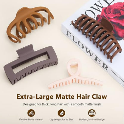 Matte 5 Inch Large Hair Clips for Thick Hair, 4 Pack | Extra large hair claw clips in blush pink, sand beige, brown and gray, designed for secure hold and everyday styling - color: Matte: Blush Pink, Sand Beige, Brown & Grey
