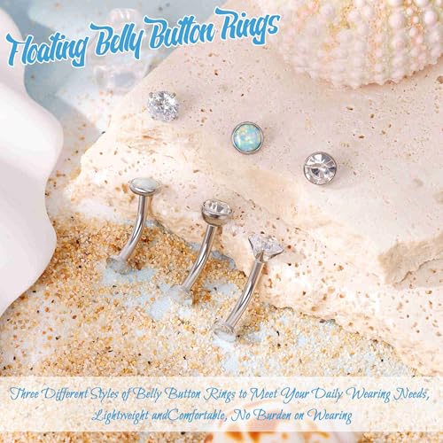 3PCS 14G Surgical Steel Floating Belly Button Ring for Women Petite Belly Rings CZ Opal Flat Back Small Navel Ring with 3PCS Replacement Balls Internally Threaded Tiny Belly Piercing 6-16MM - color: Silver, size: 12mm（Relatively Long)