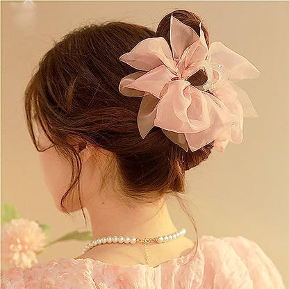 Elegant Mesh Tulle Hair Claws with Large Bowknot - Chiffon Hair Clips for Thick Hair and Women's Hair Accessories - color: pink