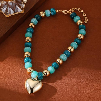 Resin Chunky Colorful Beaded Necklace | Adjustable Boho Statement Necklace,Summer Beach Party Jewelry - color: Heart+Teal