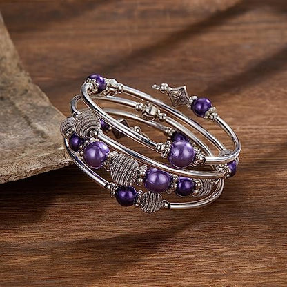 PEARL&CLUB Beaded Chakra Bangle Turquoise Bracelet - Fashion Jewelry Wrap Bracelet with Thick Silver Metal and Mala Beads, Birthday Gifts For Women - color: Purple pearl