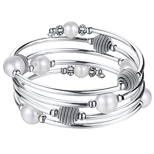 PEARL&CLUB Beaded Chakra Bangle Turquoise Bracelet - Fashion Jewelry Wrap Bracelet with Thick Silver Metal and Mala Beads, Birthday Gifts For Women - color: 63-White Shell Pearl