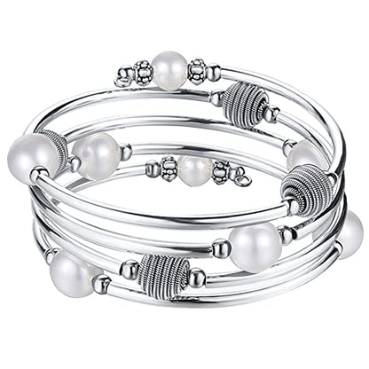 PEARL&CLUB Beaded Chakra Bangle Turquoise Bracelet - Fashion Jewelry Wrap Bracelet with Thick Silver Metal and Mala Beads, Birthday Gifts For Women - color: 63-White Shell Pearl