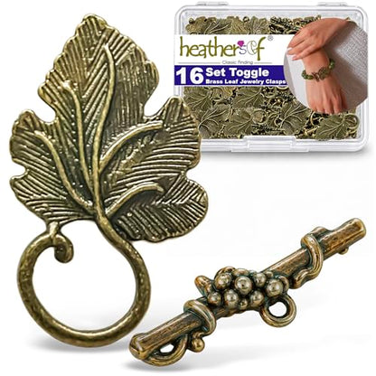 Heather's CF Toggle Jewelry Clasps – Durable Quality, Antique Grape Leaves Brass Finish Toggle Clasps & Closures for Necklace, Bracelet & Charms – Ideal for DIY, & Jewelry Making – Large (Set of 16) - color: Large brass toggle clasp