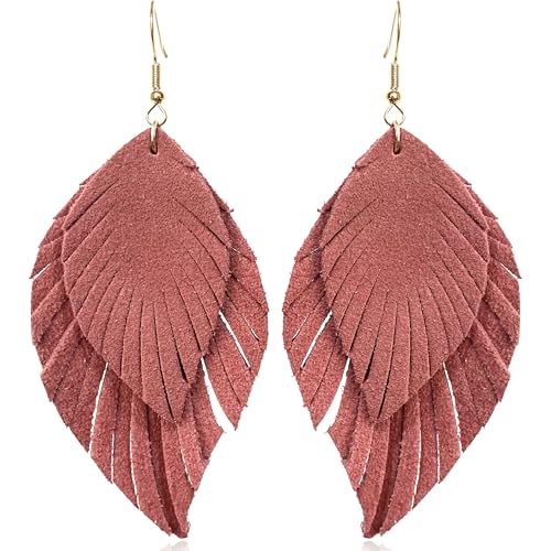 Handmade Bohemian Large Soft Genuine Leather Fringe Double Feather Dangle Drop Earrings Lightweight Simple Color PU Leaf Hook Earrings for Women - color: Meat Pink