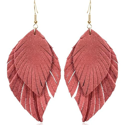Handmade Bohemian Large Soft Genuine Leather Fringe Double Feather Dangle Drop Earrings Lightweight Simple Color PU Leaf Hook Earrings for Women - color: Meat Pink