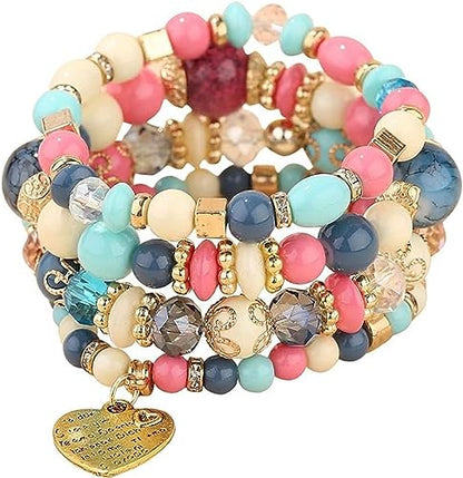 Women Beaded Bracelet Set | Colorful Boho Stackable Trendy Design with Crystal Accents Multilayer Bangle Bracelet | Fashion Stretch Braclets Jewelry for Women - color: Mixed-Pink