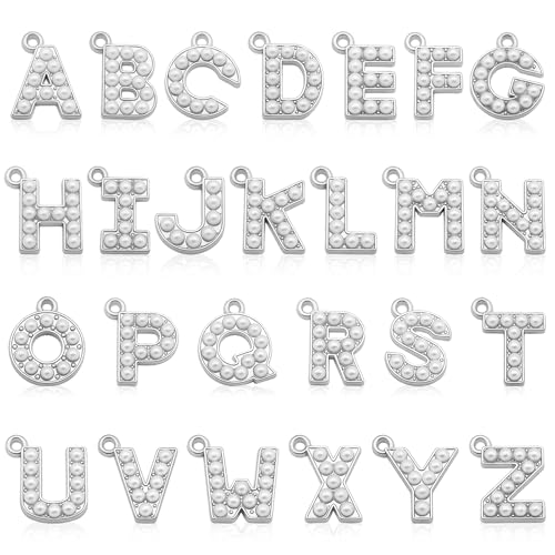 26PCS Pearl Letter Charms A-Z Alphabet Pendants for Making Jewelry 18K Gold Initial Charm Trendy Slider Pearls Capital Beads for Bracelet Necklace Choker Earrings DIY Crafts Anniversary Birthday Gifts - color: Silver
