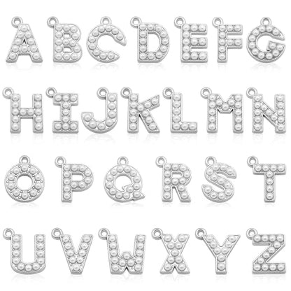26PCS Pearl Letter Charms A-Z Alphabet Pendants for Making Jewelry 18K Gold Initial Charm Trendy Slider Pearls Capital Beads for Bracelet Necklace Choker Earrings DIY Crafts Anniversary Birthday Gifts - color: Silver