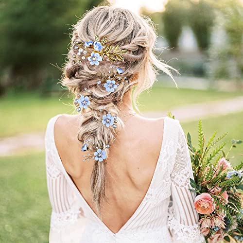 5 PCS Bridal Flower Wedding Hair Pins Crystal Pearl Hair Clips Headpiece Gold Wedding Hair Accessories Jewelry with Rhinestone for Brides Bridesmaids Women Girls Updo, Special Cream Blue - color: Exquisite Flower Leaves&Special Cream Blue