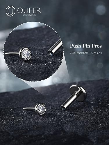 OUFER 2Pcs 20G/18G/16G G23 Titanium Threadless Nose Stud Earrings Flat Back Tiny CZ Small Nose Helix Cartilage Tragus Conch Labret Medusa Monroe Piercing Jewelry for Women Men - color: Silver, size: 2pcs, 16g 6.5mm, 2.5mm cz