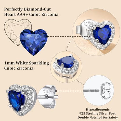 Bestyle 8mm Small Birthstone Earrings for Women with Hypoallergenic Sterling Silver Post,Sparkle Heart/Round Womens Studs Earrings, Great Birthday/Christmas/Anniversary Jewelry for Wife Mother - color: 09. Sept. Sapphire-Heart