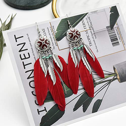 Dreuyet Boho Long Feather Drop Dangle Earrings for Women Retro Bohemian Ethnic Fringe Multicolor Tassel Feather Earring Handmade Statement Dream Catcher Earrings Jewelry - color: Red Round Heart