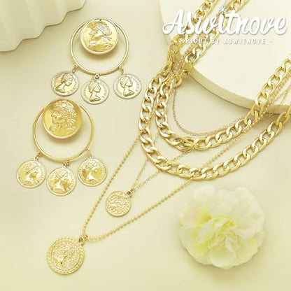 2 Pcs Layered Golden Pirate Necklace Earrings for Women Chunky Chain Layered Necklace Boho Gypsy Hoop Earrings Punk Grunge 80s 90s Coin Pendant Jewelry Halloween Pirate Costume Accessories - color: Big Golden Coin