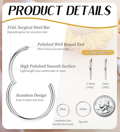 3pcs Nose Rings Hoops - 316L Surgical Steel Hinged Nose Hoops 16G/18G/20G CZ Clicker Septum Nose Ring Lip Helix Cartilage Hoop Earring Daith Rook Conch Body Piercing Jewelry for Women Men 8mm 10mm - color: Silver, size: 20 gauge(0.8mm)-7mm