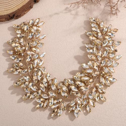 Missgrace Women Silver Green Black Red Blue Handmade Full Crystal Rhinestone Large Headband Hair Vine Shinny Headpiece Bridal Wedding Hair Accessories for Women (Champagne) - color: Champagne
