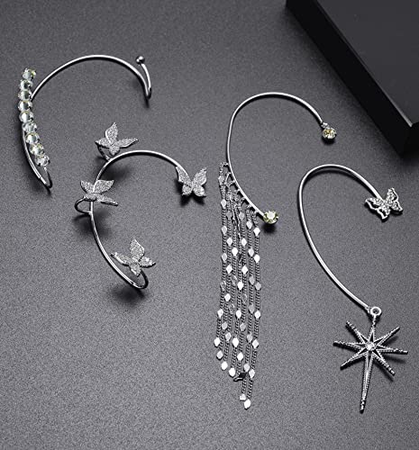 Tornito 4Pcs Butterfly Long Tassel Ear Cuff Dangle Chain Earrings Wrap Crawler CZ Ear Clip Wrap Around Fake Earrings for Women Silver Gold Tone Right Ear - color: A:Silver Tone(Right Ear)