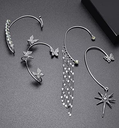 Tornito 4Pcs Butterfly Long Tassel Ear Cuff Dangle Chain Earrings Wrap Crawler CZ Ear Clip Wrap Around Fake Earrings for Women Silver Gold Tone Right Ear - color: A:Silver Tone(Right Ear)