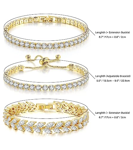 GEMOSA 3 Pcs Tennis Bracelets for Women Silver Gold Bule CZ Braclet Set | Marquise Cubic Zirconia CZ Diamond, Dainty Adjustable Silver Gold Bule Bracelets, for Women Brides, Stackable Fashion Jewelry - color: Gold