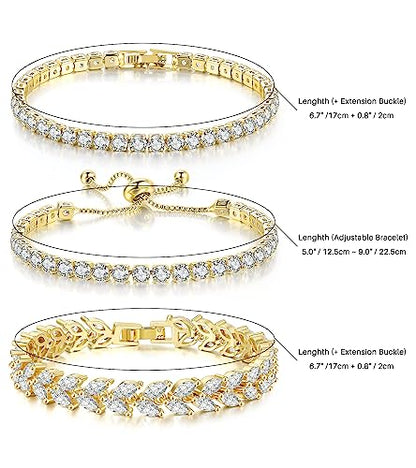GEMOSA 3 Pcs Tennis Bracelets for Women Silver Gold Bule CZ Braclet Set | Marquise Cubic Zirconia CZ Diamond, Dainty Adjustable Silver Gold Bule Bracelets, for Women Brides, Stackable Fashion Jewelry - color: Gold