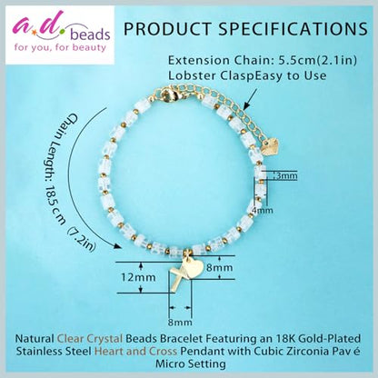 Natural Gemstone Healing Crystal Dainty Charms Bracelet Adjustable Chain Extender Minimalist Jewelry - color: Clear Crystal + Heart + Cross