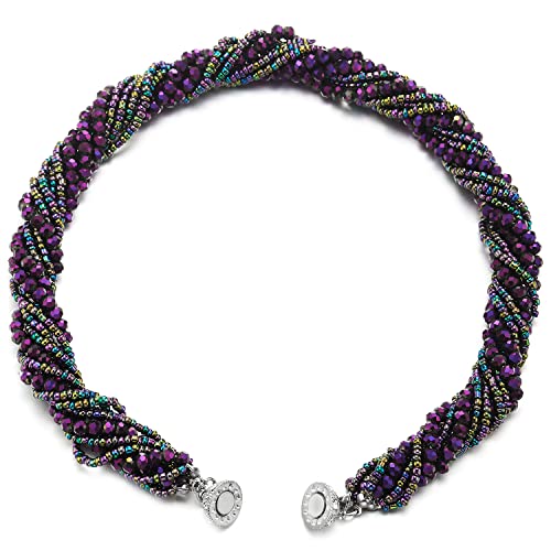 COOLSTEELANDBEYOND Multi-Layer Beads Crystal Braided Chain Choker Collar Magnetic Clasp,Statement Necklace, Bracelet - color: S-Necklace Dark Purple Color