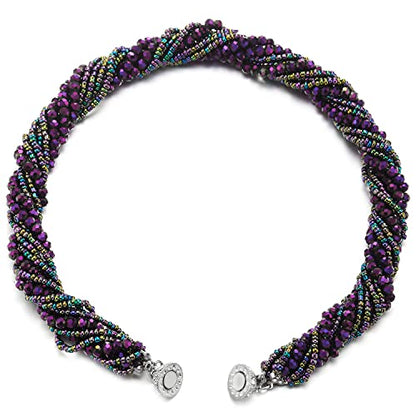 COOLSTEELANDBEYOND Multi-Layer Beads Crystal Braided Chain Choker Collar Magnetic Clasp,Statement Necklace, Bracelet - color: S-Necklace Dark Purple Color